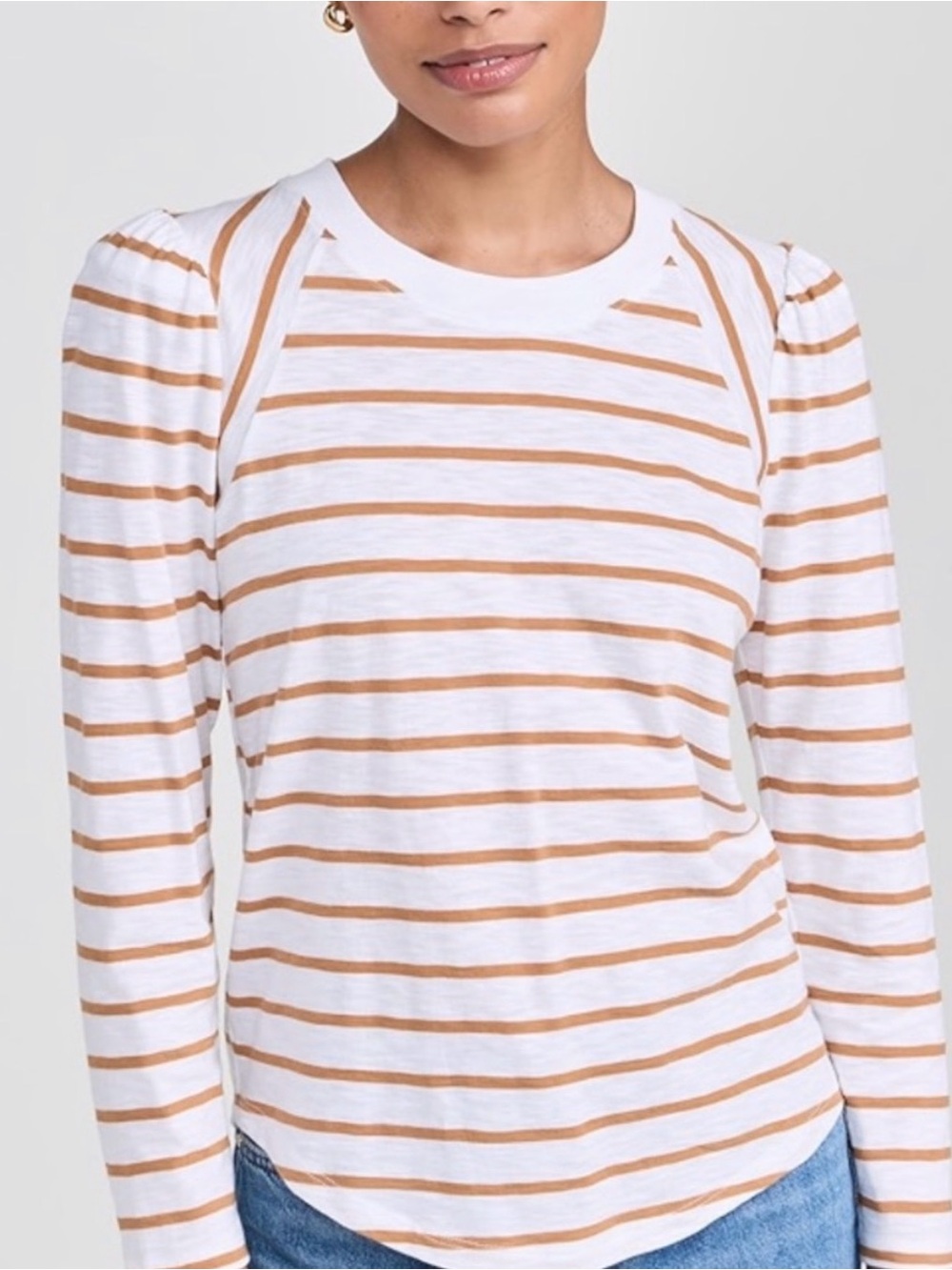 Veronica Beard Mason Puff Sleeve - White & Caramel Striped Long Sleeve Tee